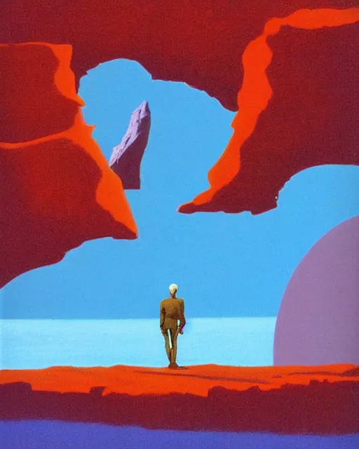 Image similar to roger dean 1 9 8 0 s art of a lone man walking in the dry desert of a strange bizarre alien planet surface lakes reflective clear blue water, rainbow in sky, imagery, illustration art, album art