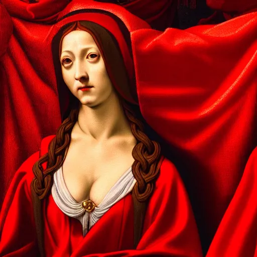 Image similar to close up portrait of the goddess of blood in silk robes of blood, cultists watching, red hoods, candle lights, renaissance, baroque, gothic, high detail, dark lighting, atmospheric, extremely detailed, intricate, da vinci, michelangelo, caravaggio, 8 k