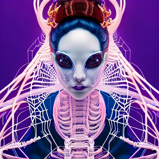 Image similar to high quality, high detailed portrait of a spider queen, a cyberpunk character in a retro - futuristic world, white porcelain translucent skin. hyperrealism, intricate details, cables, wires. connectors led. tristan eaton, victo ngai, artgerm, rhads, ross draws, alphonse mucha, pastel colors, vintage, artstation, vector gradient. 8 k