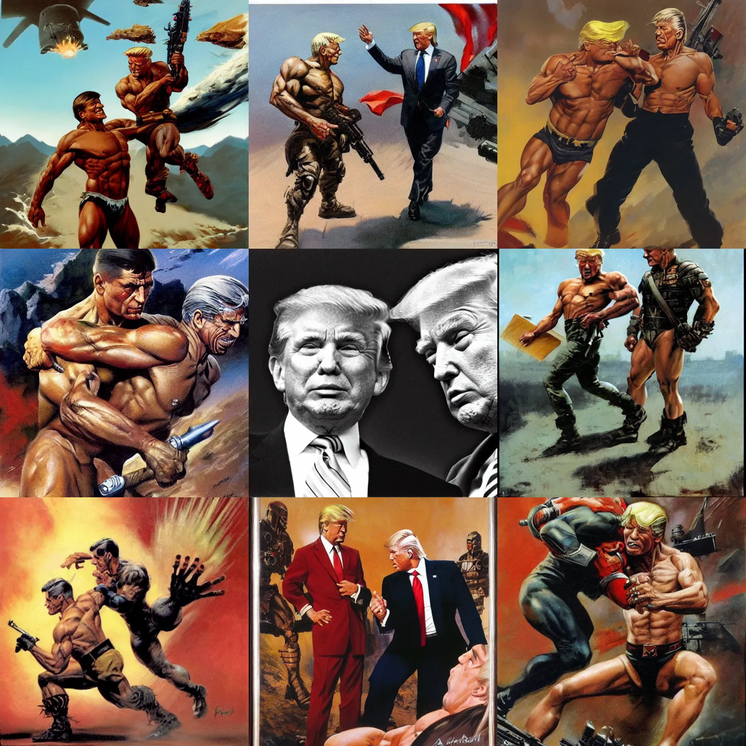 Prompt: anthony fauci and donald trump locked in combat, by frank frazetta