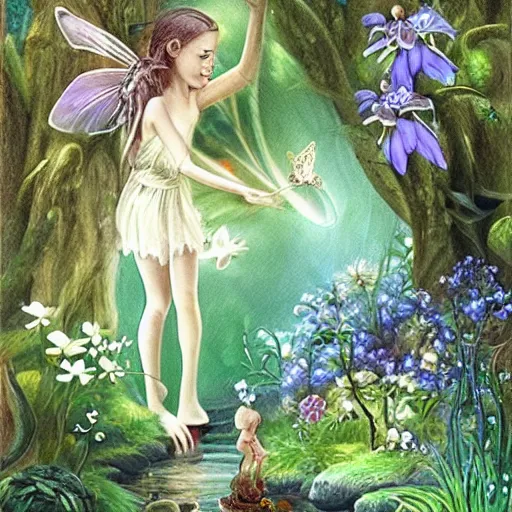 Prompt: fairies, relax_by_the_forest_stream_along_mystic_flowers_made_of_fairy_dust_by_Tove_Janss , beautiful faces