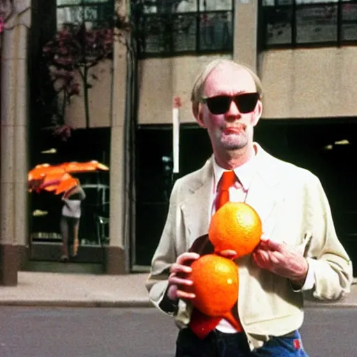 Prompt: hugh hopper on a street corner holding diet pepsi in one hand and an orange in his other hand