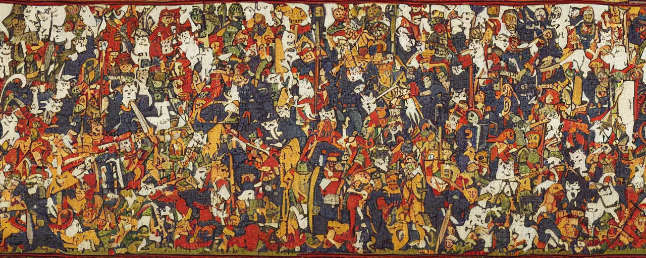 Prompt: the holy crusade of cats wariors, in the style of Middle Age tapestry,