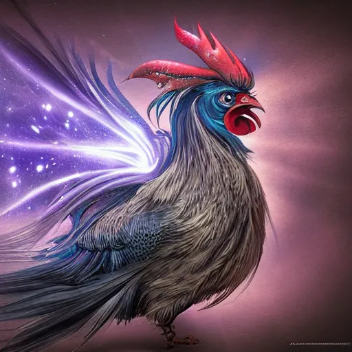 Image similar to a wlop 3 d render of very very very very highly detailed beautiful mystic portrait of a phantom undead rooster with whirling galaxy around, tattoos by anton pieck, intricate, extremely detailed, digital painting, artstation, concept art, smooth, sharp focus, illustration, intimidating lighting, incredible art,