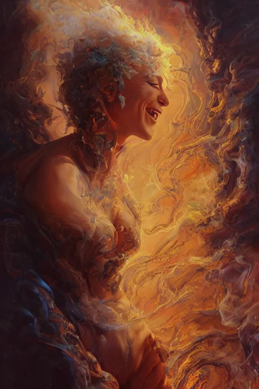 Prompt: a smiling claudia black melting into smoke highly detailed, james gurney, alan lee, michael cheval, peter mohrbacher, boris vallejo, jessica rossier, oil painting