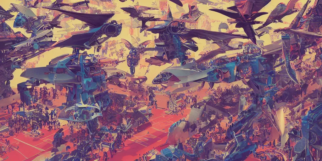 Image similar to risograph, gigantic mecha arzach birds with dragonflies, tiny rats, a lot of exotic animals around, big human faces everywhere, helicopters and tremendous birds, by satoshi kon and moebius, matte colors, surreal psychedelic design, crispy, super - detailed, a lot of tiny details, 4 k, fullshot