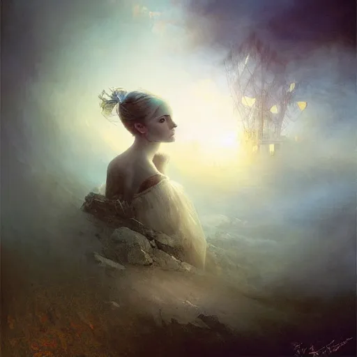 Image similar to dreams of the fae; three-quarters portrait; heterochromia; oil paints; 8k, surrealism, abstract imagery by Ivan Aivazovsky; by Aleksi Briclot; by Marc Simonetti
