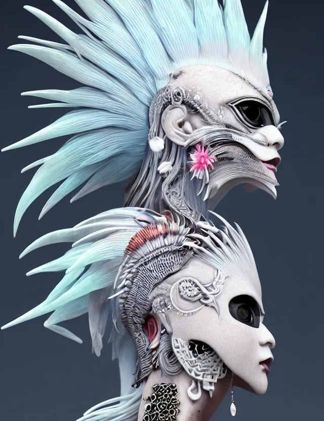 Image similar to 3 d goddess close - up profile simple portrait punk with mohawk with ram skull. beautiful intricately detailed japanese crow kitsune mask and clasical japanese kimono. betta fish, jellyfish phoenix, bio luminescent, plasma, ice, water, wind, creature, artwork by tooth wu and wlop and beeple and greg rutkowski