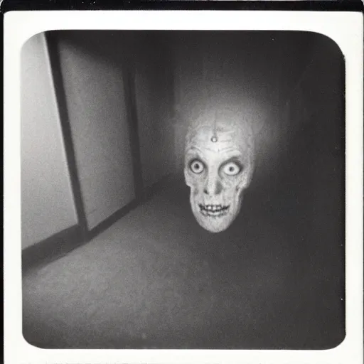 Image similar to tarman from the return of the living dead at the end of a dark hallway, polaroid,