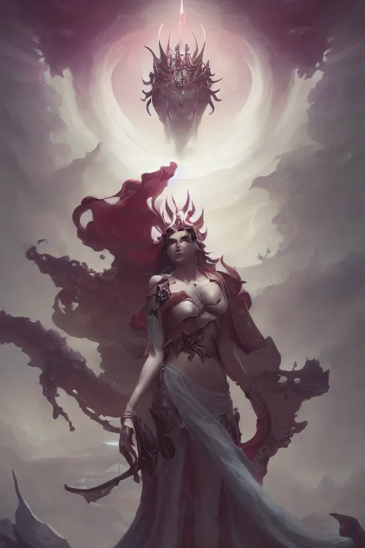 Image similar to high fantasy chaos goddess designed by peter mohrbacher, Greg rutkowski, blizzard concept artists, concept art, fantasy, 4k, CG render, octane, insanely detailed,