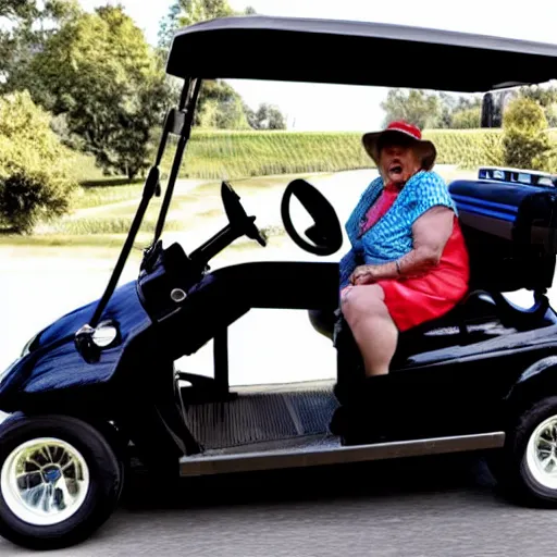Prompt: donald trump driving a golf cart with an old woman tied to a chair in it.