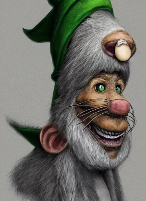 Image similar to anthropomorphic rat with human eyes and a gray beard, wearing jewelry, tricorne hat, green robe, d & d, digital art, detailed face, highly detailed, trending on artstation, realistic, studio lighting, drawn by dr. seuss