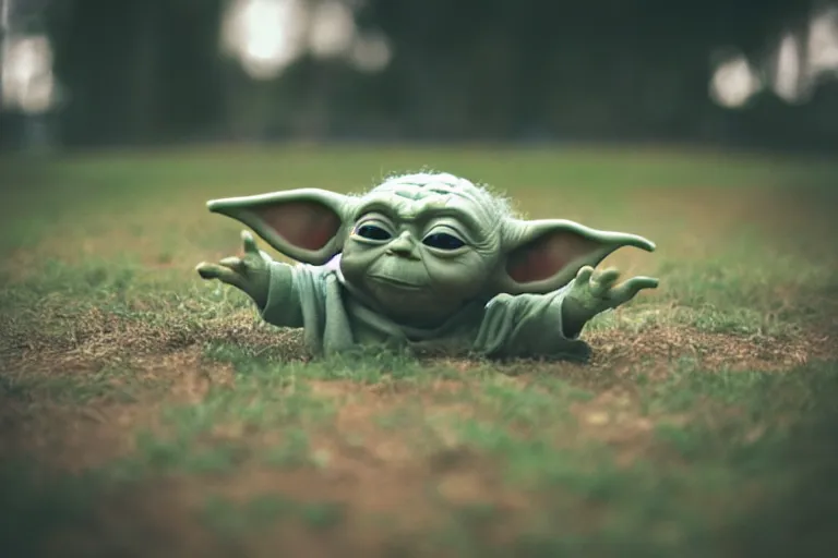 Prompt: baby-yoda!!!!!!, happy, in a playground, shallow depth of field,
