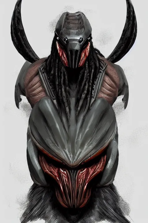 Image similar to predator 1 9 8 7 masked face redesign, portrait, highly detailed, black smooth dreadlocks, mandables, digital painting, trending on artstation, concept art, illustration