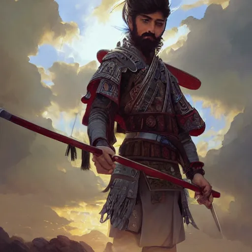 Image similar to Hyper realistic detailed portrait of Kurdish samurai, Stephen Bliss, unreal engine, fantasy art by Greg Rutkowski, Loish, Rhads, ferdinand knab, Makoto Shinkai and Lois van baarle, ilya kuvshinov, rossdraws, Tom Bagshaw, alphonse mucha, global illumination, radiant light, detailed and intricate environment, highly detailed, award winning art