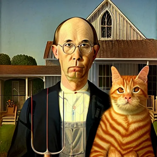 Image similar to fat orange tabby cat and curly haired man in american gothic by grant wood