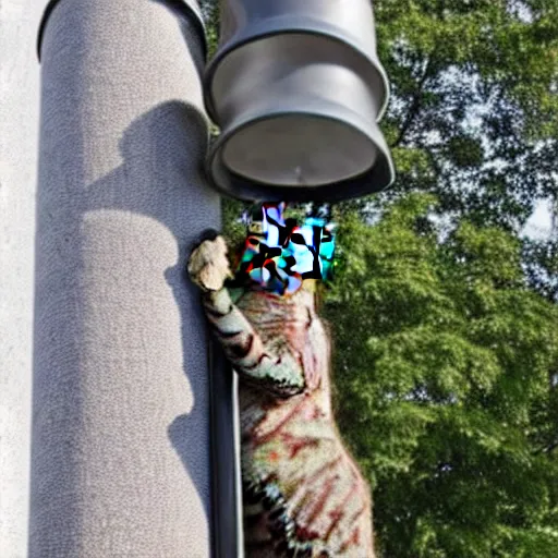 Prompt: Wow, the tongue of this cat is really stuck to the lamp post! poor thing