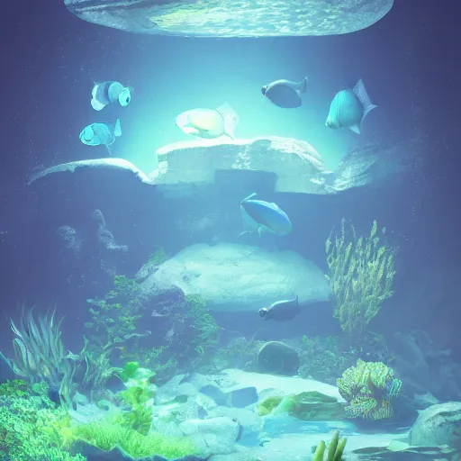 Image similar to landscape art of an infinite aquarium with bioluminescent digital life, liminal space, digital art trending on Artstation