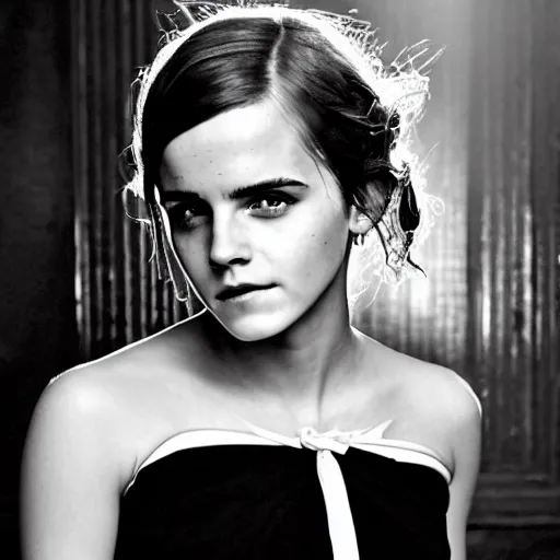 Image similar to emma watson 1 8 0 0 s in a busy saloon, black - and - white photo,