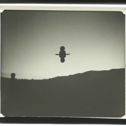 Image similar to polaroid photograph of ufo taken, two dark, silhoutted aliens are in front of it, hanebau, 1 9 5 0 s, black and white, blurry