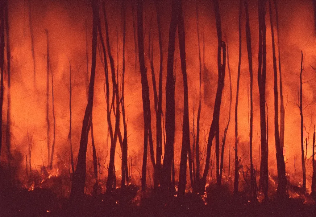 Image similar to lomo photo of a large burning forest in horizon, cinestill, bokeh, out of focus, night, dramatic lighting