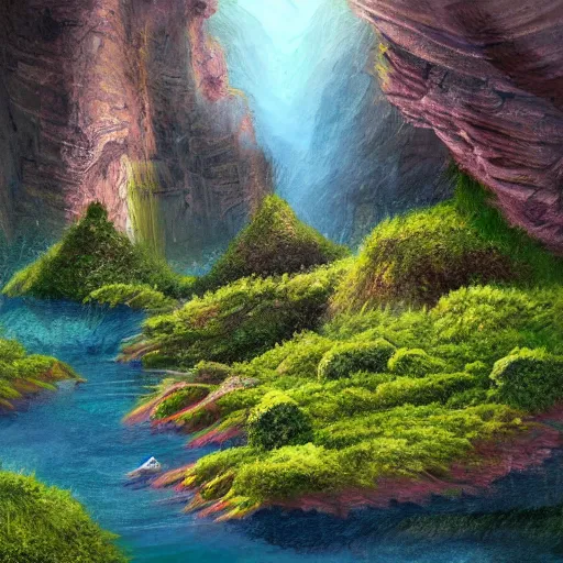 Image similar to detailed digital painting of a lush natural scene on an alien planet by vincent bons. soft intersting colour scheme. grainy. beautiful landscape. weird vegetation. cliffs and water.