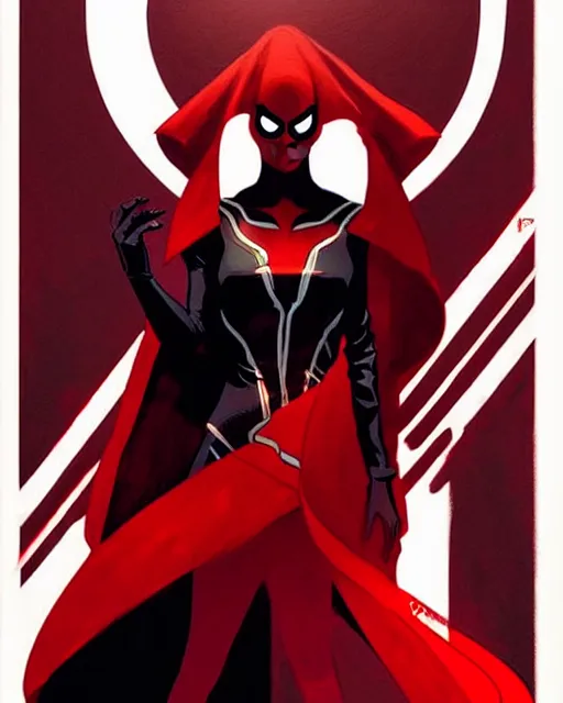 Image similar to rafael albuquerque comic art, peter mohrbacher, phil noto, artgerm, pretty evil elizabeth olson scarlet witch marvel, black and red dress, symmetrical eyes