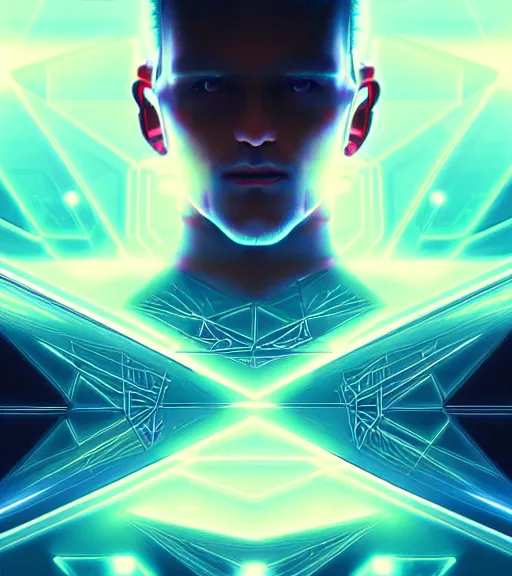 Image similar to symmetry!! european prince o. technology, solid cube of light, hard edges, product render retro - futuristic poster scifi, lasers and neon circuits, handsome european prince, intricate, elegant, highly detailed, digital painting, artstation, concept art, smooth, sharp focus, illustration, dreamlike, art by artgerm