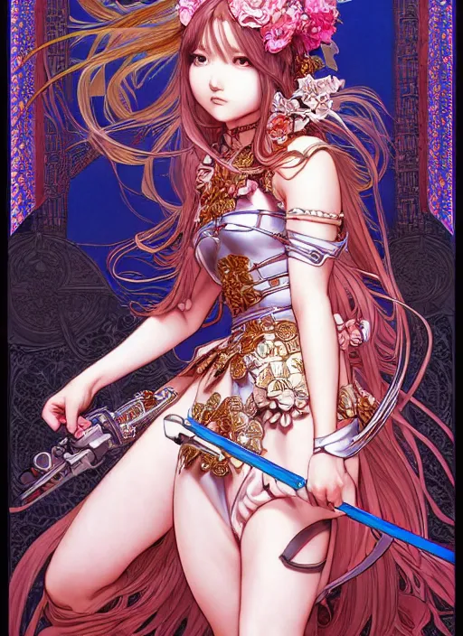 Image similar to highly detailed artgerm artstation minaba hideo fantastic fate katsuhiro otomo manga poster of princess mechine, minaba hideo,, long hair, armor, dress, laces, ruffles, 8 k, fluorescent, maximalist, jump comics, art nouveau, alphonse mucha