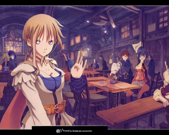 Image similar to anime visual, portrait of a young female in a busy fantasy medieval tavern interior at night, face by yoh yoshinari, murata range, last exile, blue submarine no 6, dynamic pose, dynamic perspective, detailed silhouette, rich texture, seven deadly sins anime, flat, anime cels, matte color, flat lighting on face, rounded eyes