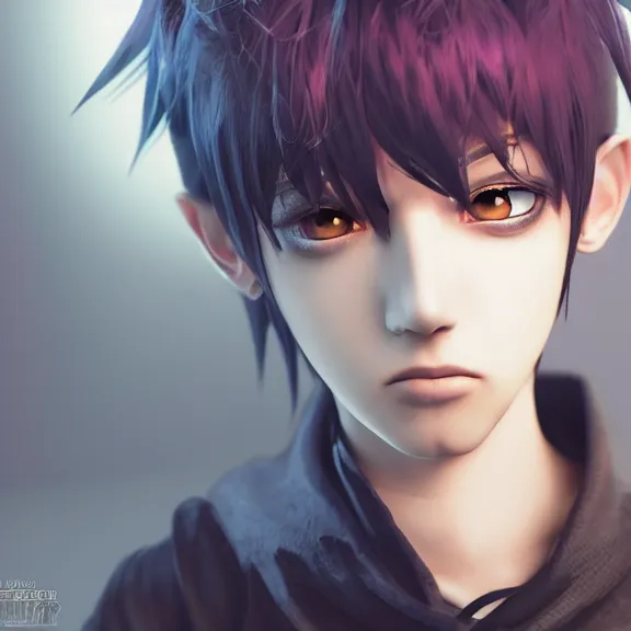 Image similar to 3D render of a cute emo anime boy, fantasy artwork, fluffy, close-up, award winning, hyper detailed, very very very beautiful, studio lighting, artstation, unreal engine, unreal 5, 4k, octane renderer