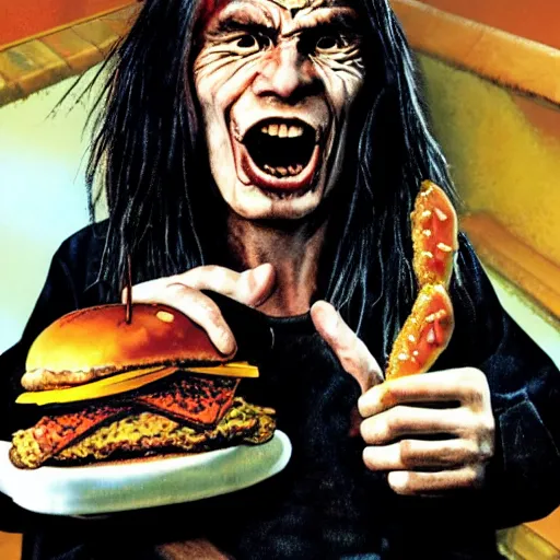 Prompt: eddie from iron maiden eating a hamburger