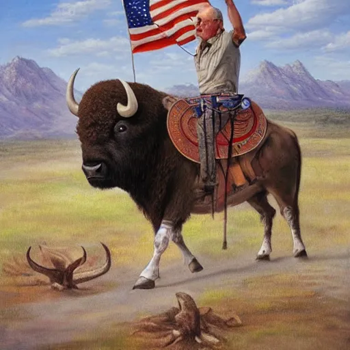 Prompt: Joe Biden riding a buffalo, painting by Jon McNaughton