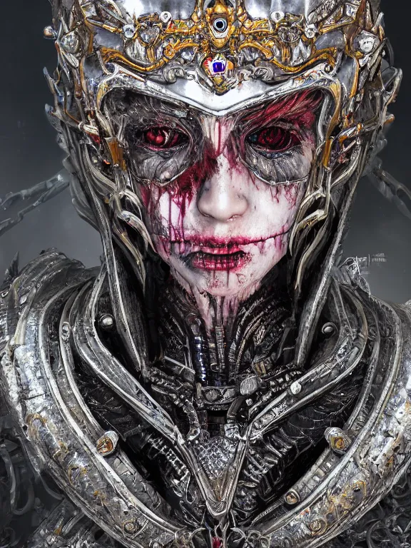 Image similar to portrait art of 8k ultra realistic undead vampire queen, ornate intricate smashed galaxy helmet , detailed intricate ornate armour,blade runner, cybernetic, full of colour, cinematic lighting, battered, trending on artstation, 4k, hyperrealistic, focused, extreme details,unreal engine 5, cinematic, masterpiece, art by ayami kojima, giger