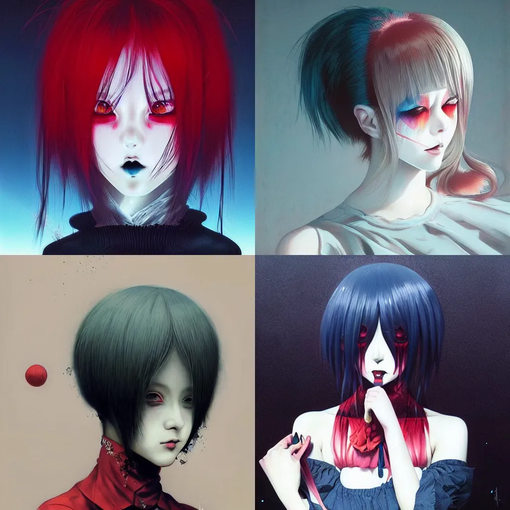 Prompt: beautiful! beautiful! coherent and aesthetic portrait of an anime goth clowngirl, painted by ilya kuvshinov!!! and zdzislaw beksinski