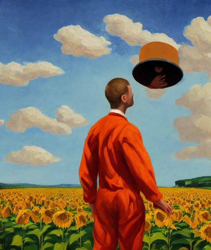 Image similar to a closeup portrait of a man in an orange prisoner overall, standing in beautiful sunflower field, screaming and sad, highly detailed, aesthetic clouds in the sky, in the style of edward hopper, very fine brush strokes, 4 k,