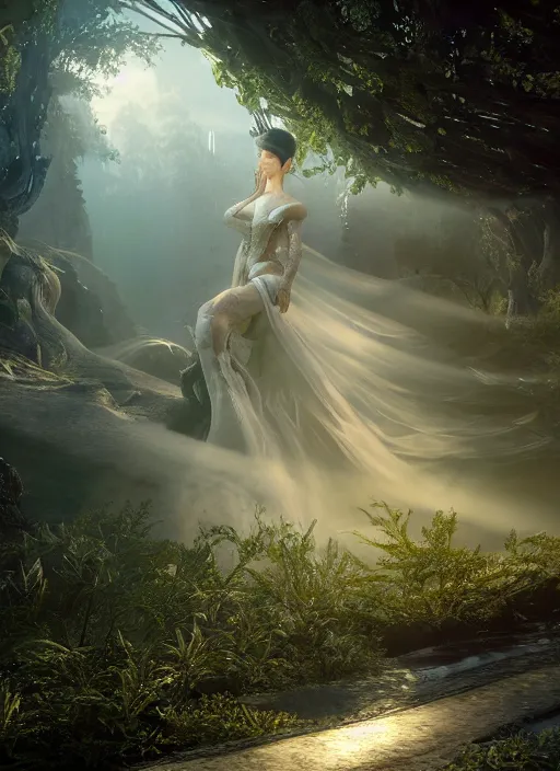 Image similar to beauteous practical sumptuous biomechanical with incredible hair, projected ray traced oled retinal overlays, crystalline masterpiece incrustations, hyperdetailed face, elegant pose, movie still, intricate, octane render, cinematic forest lighting, cgsociety, unreal engine, crepuscular rays, god rays