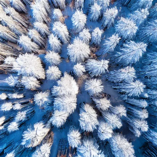 Prompt: sattelite image of snow from 250 meters height, just a few cut frozen trees covered with ice and snow, old lumber mill remains, beautiful winter area