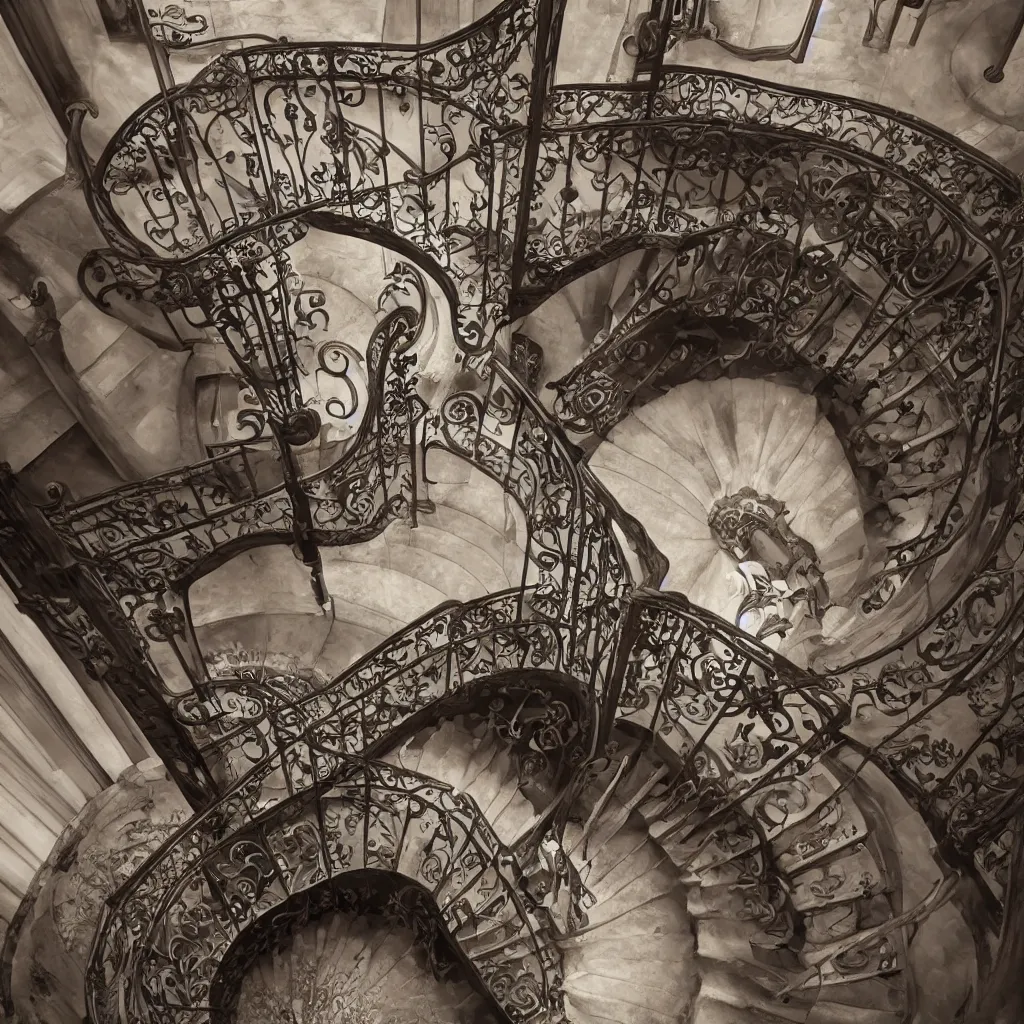 Image similar to a realistic art - nouveau spiral staircase. dark stairs. tall building, seen from the top. realistic shadows of cats. detailed, octane render, hyperrealistic, very coherent, hyper realism, high detail, octane render, 8 k