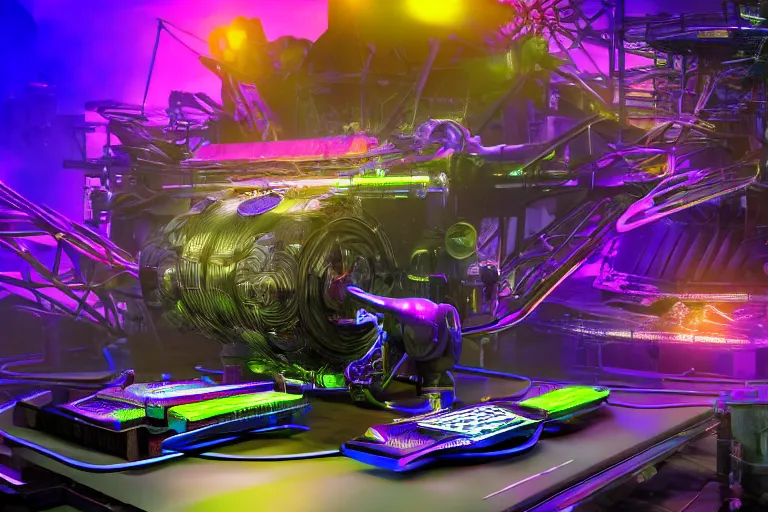 Image similar to photo of a concert ticket on a table, bandname is tripmachine, tour is invasion of the tripmachines, realistic digital art, 3 d render of a huge futuristic steampunk generator, 8 k, fluorescent colors, halluzinogenic, multicolored, exaggerated detailed, unreal engine