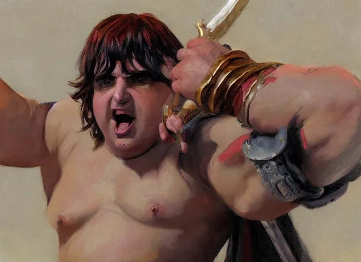 Image similar to a highly detailed beautiful portrait of andy milonakis as kratos, by gregory manchess, james gurney, james jean