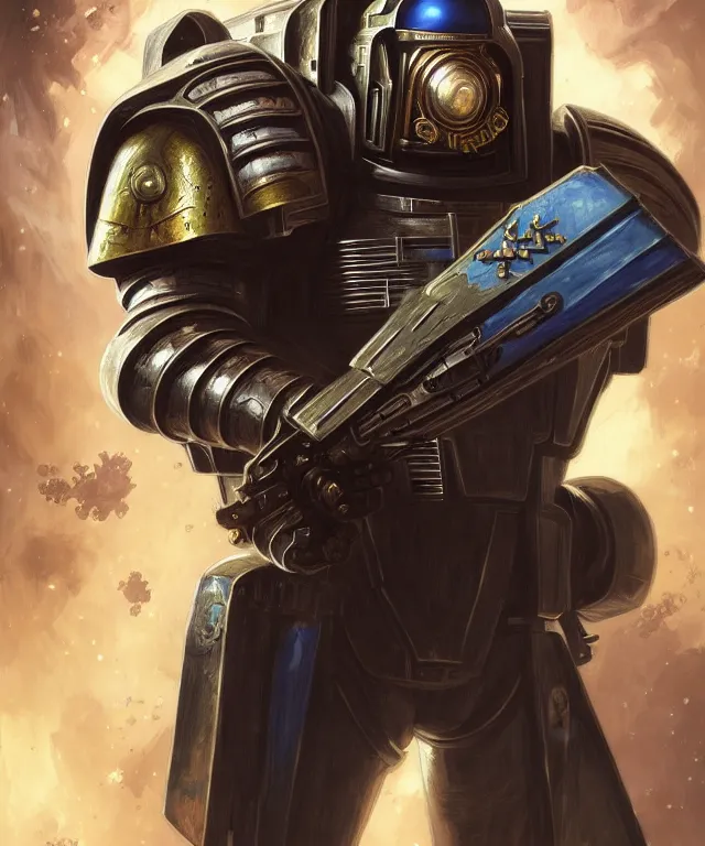 Image similar to Matt Baker Doctor Who as Warhammer 40k Space Marine, portrait, fantasy, intricate, elegant, highly detailed, digital painting, artstation, concept art, smooth, sharp focus, illustration, art by artgerm and greg rutkowski and alphonse mucha