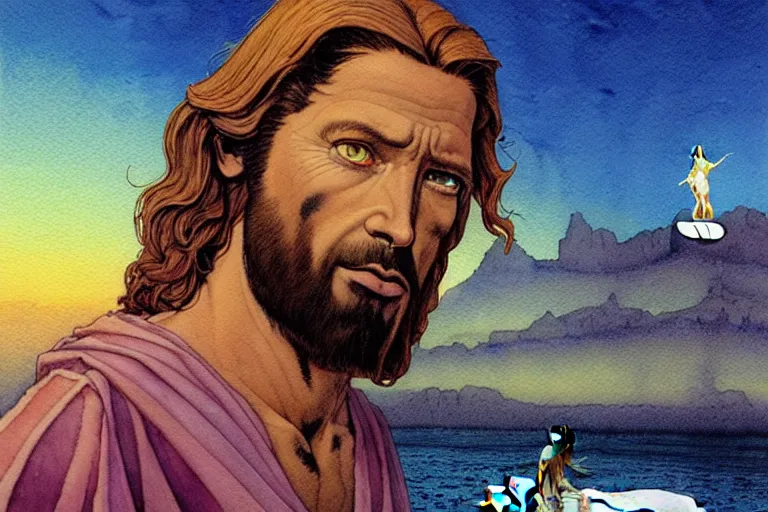 Image similar to a hyperrealist watercolour character concept art portrait of jesus, there is a surfboard. there is twilight zone vibe. on well lit night in las vegas. there is a horse. a ufo is in the background. by rebecca guay, michael kaluta, charles vess and jean moebius giraud