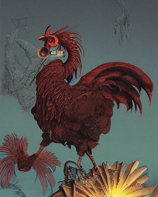 Image similar to digital painting of an ominous mechanical rooster, by wayne barlowe and bob pepper, dieselpunk, highly detailed, intricate, sharp focus, portrait, talons, anatomy, studio ghibli color scheme, tarot card