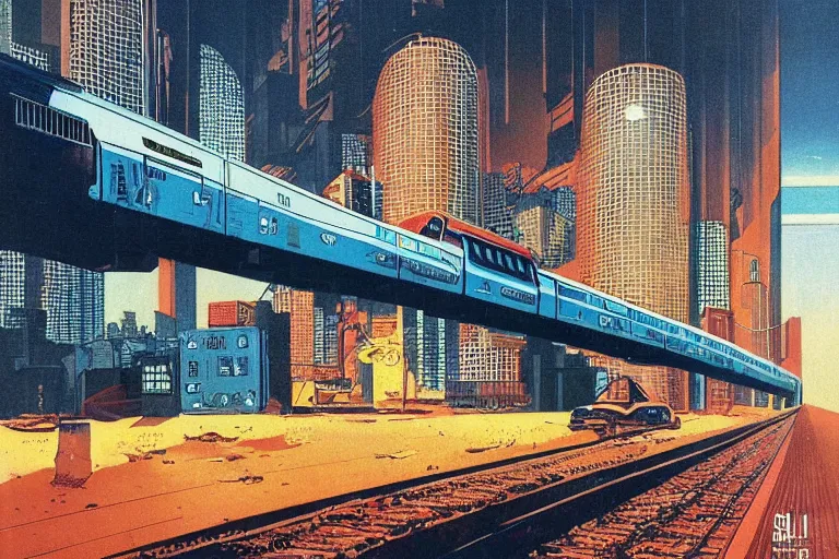 Image similar to 1 9 7 9 omni magazine cover of train bridge going through buildings in cyberpunk style by vincent di fate