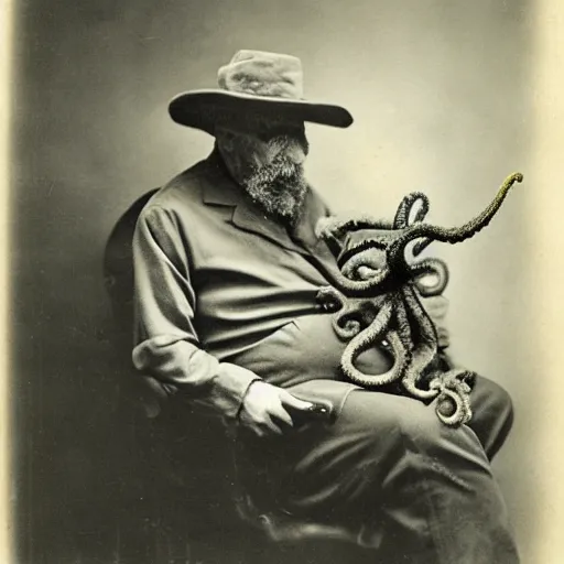 Prompt: spooky old man with an octopus on his lap, vintage photograph, atmospheric