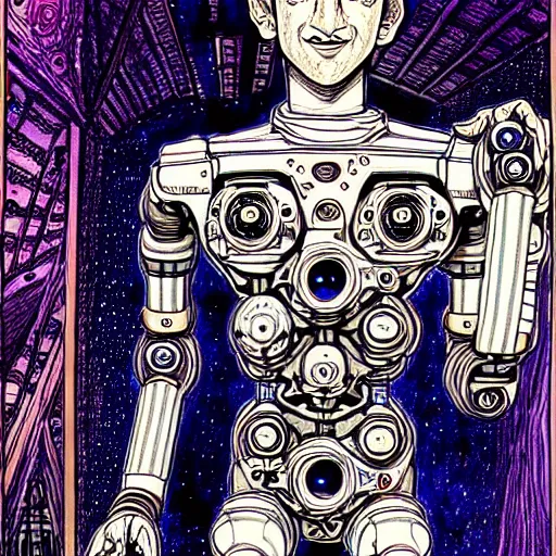 Prompt: the inner robotic self of mark zuckerberg, clockwork engine, psychedelic, lsd, spiritual, mystical, epic beautifully detailed pen, ink and copic markers drawing by milo manara