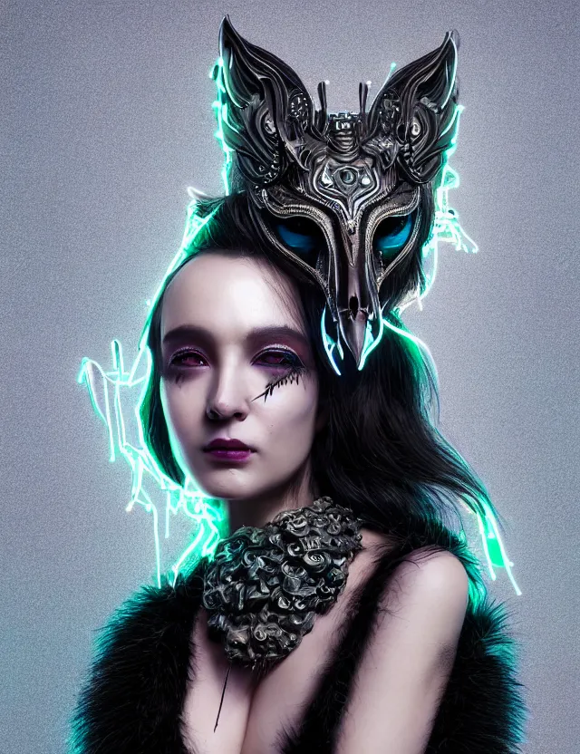 Image similar to 3 d goddess medium shot portrait with raven skull. beautiful intricately detailed avante garde wolf mask and electro sorceress outfit. neon moths, bio luminescent, frost, splash,, creature, artwork by tooth wu and wlop and beeple and greg rutkowski