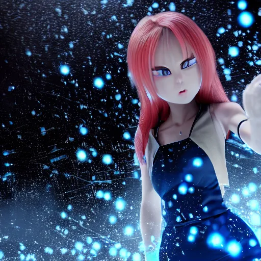 Prompt: photorealistic full shot of masterpiece angry anime girl, posing, electric aura with particles, snowing frozen ice, darkness background, inspired by masami kurumada, akira toriyama, detailed, unreal engine 4 k, volumetric light, fog