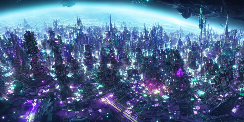 Prompt: futuristic city made of mandelbrot shapes, flying spaceships, traffic, city lights, global illumination, highly detailed, extremely detailed, sharp, sci fi, fantasy artwork